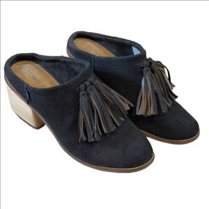 Toms Black Suede Tassel Mules